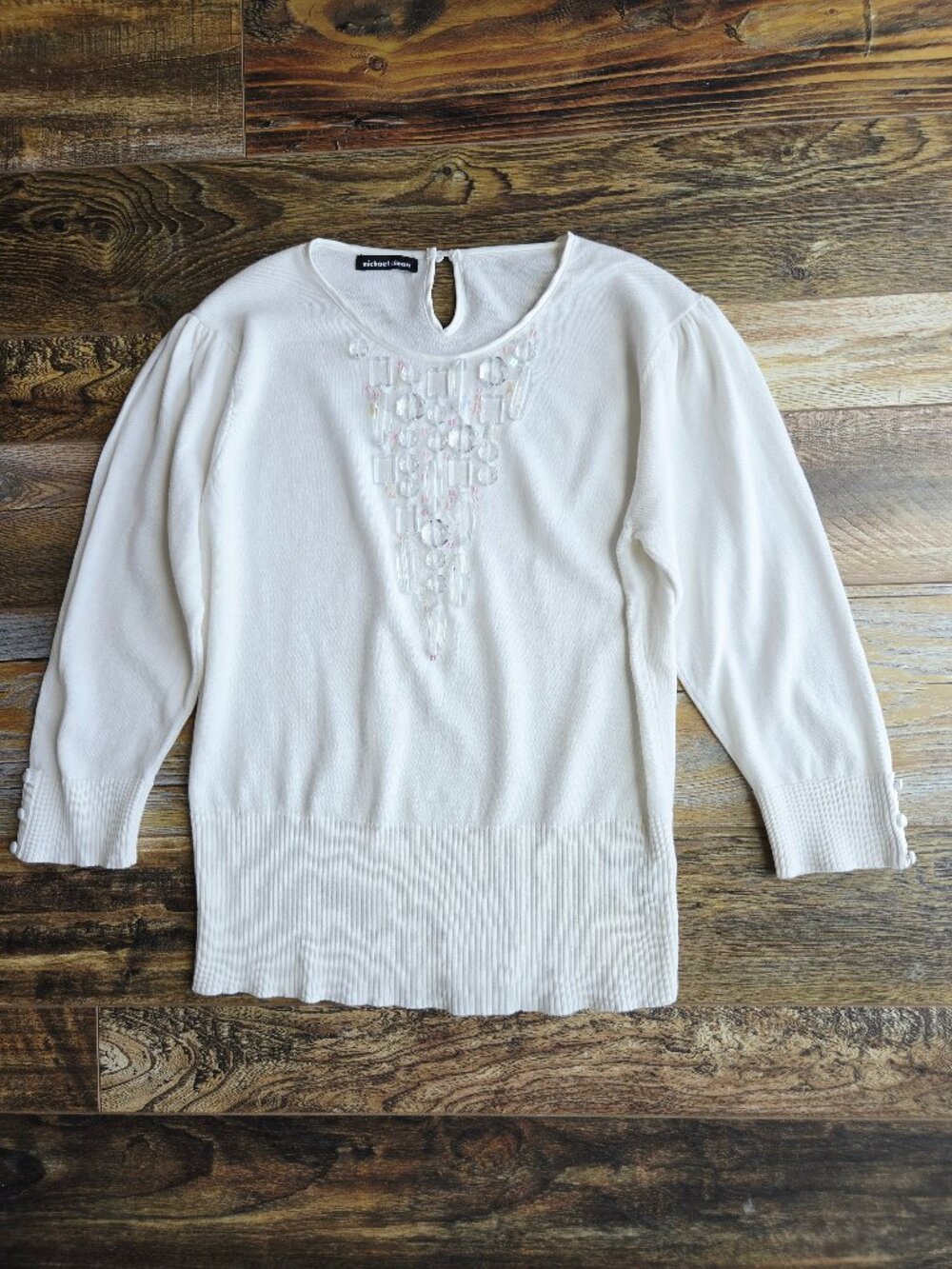 Michael Simon Crystal Bead Embellished Sweater 3/4 Sleeeve Cotton White Sz.XL